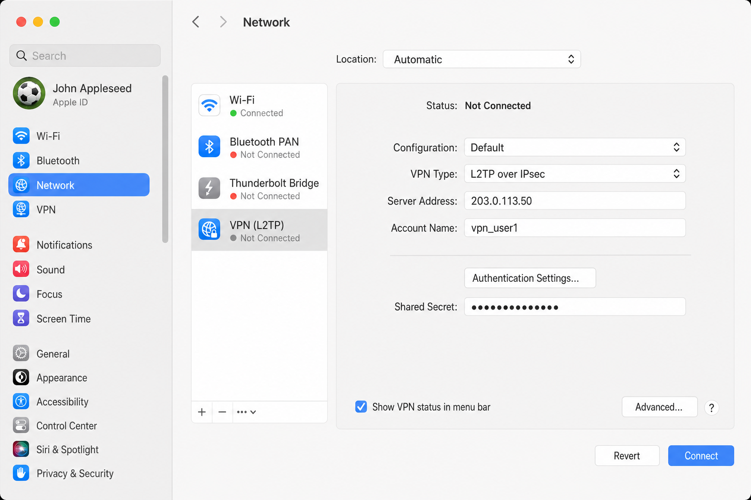 macOS native L2TP VPN settings
