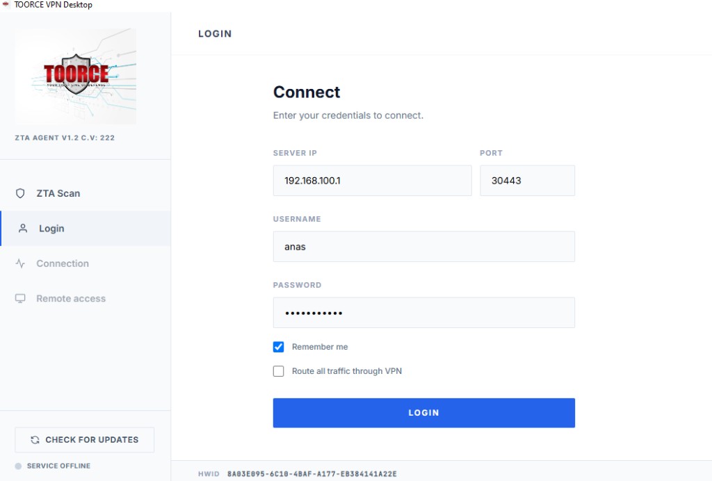 TOORCE ZTA Agent — login