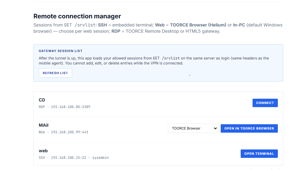 TOORCE ZTA Agent — pushed remote access list